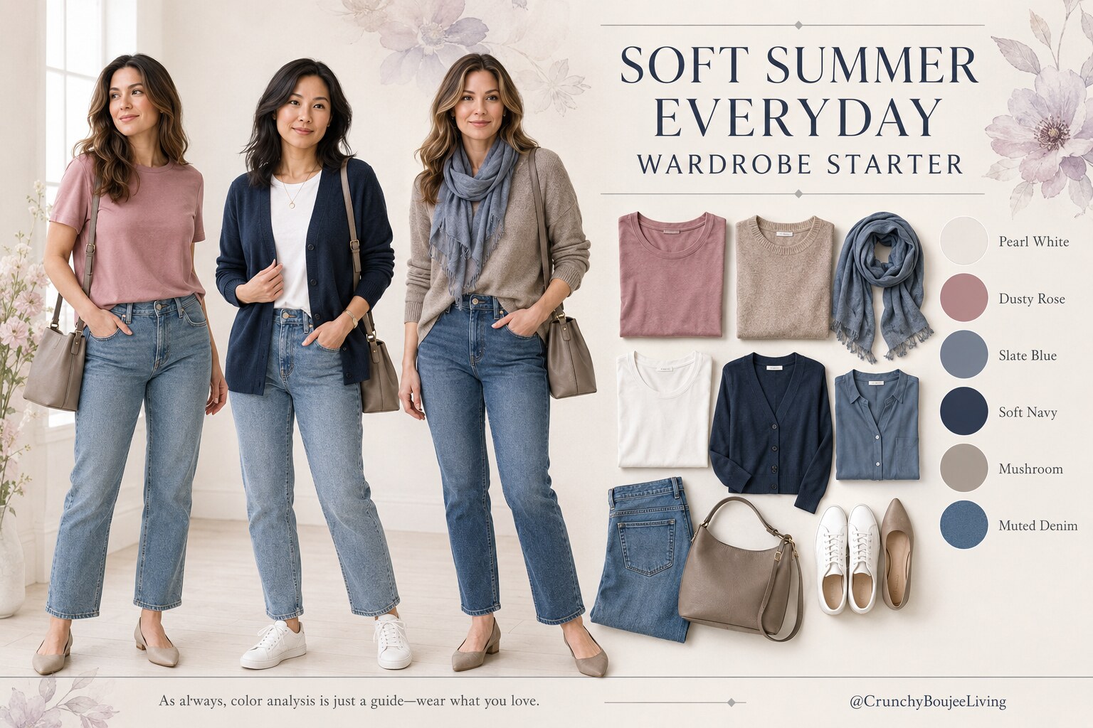 Soft Summer everyday wardrobe starter with dusty rose, soft navy, mushroom, slate blue, pearl white and muted denim essentials.