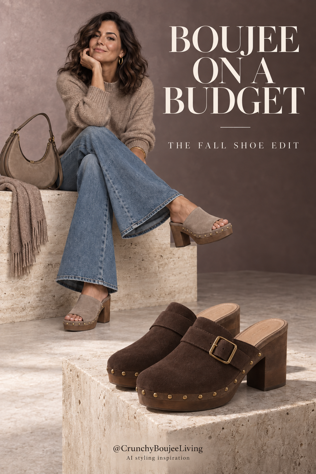 Fall Shoe Edit: model wearing flared jeans and taupe open-toe clogs, with dark brown clogs in the foreground.