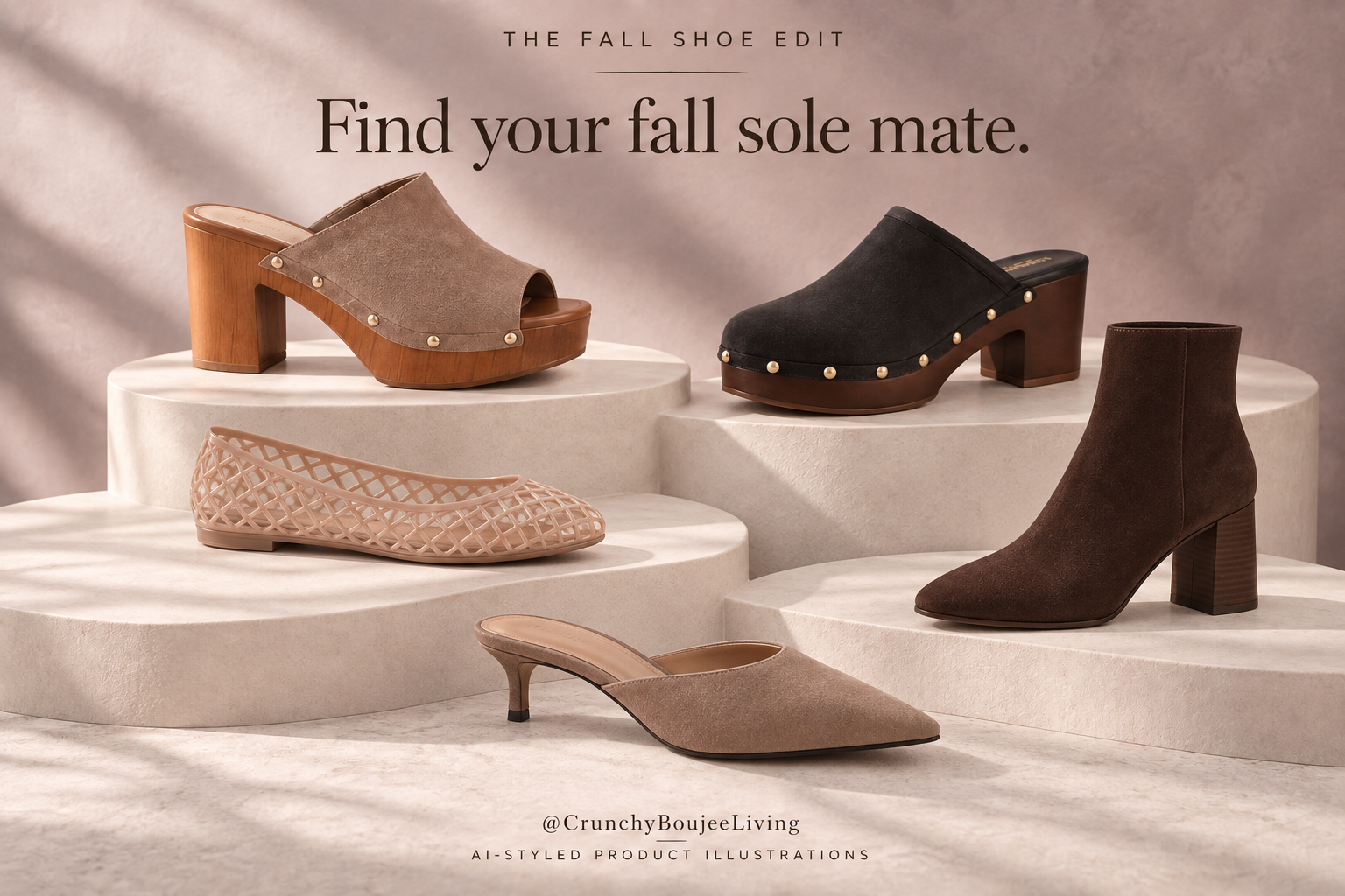 AI-styled fall shoe edit featuring two clogs, a lattice flat, a pointed mule, and a chocolate ankle boot.