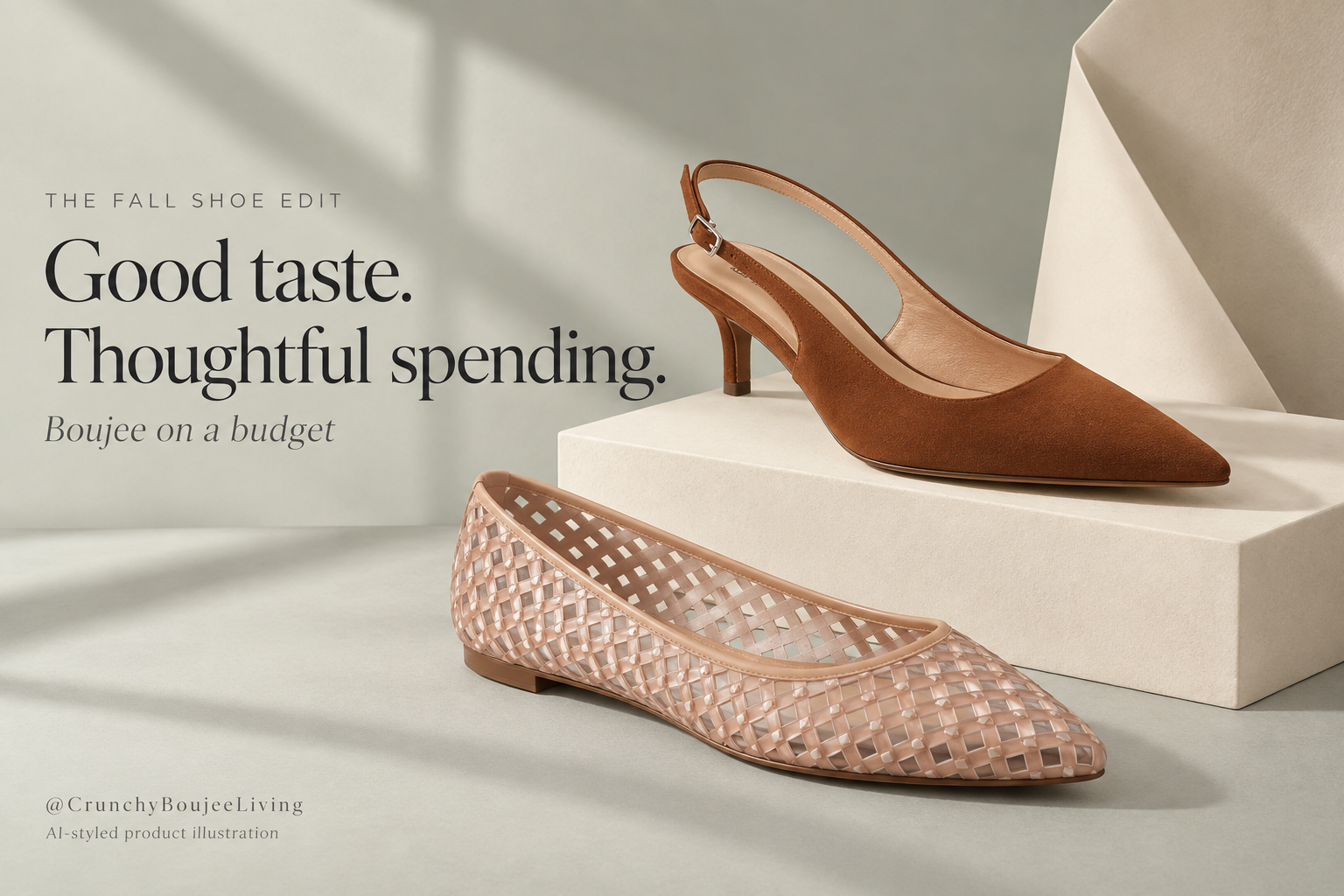 AI-styled lattice flat and pointed slingback displayed against a soft sage backdrop.