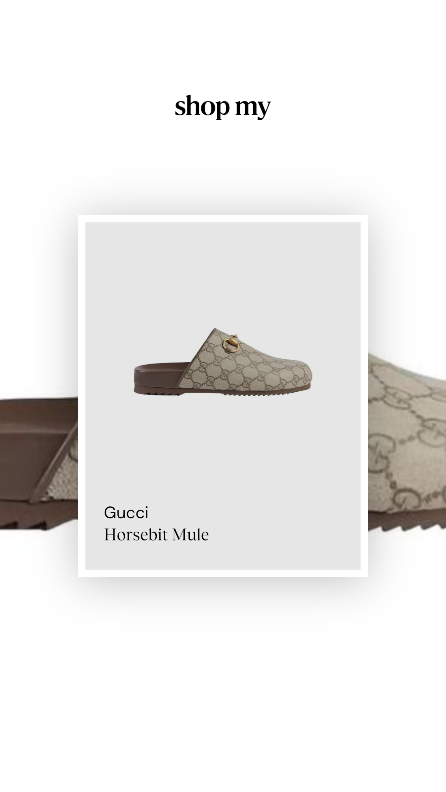 Gucci Horsebit mule with beige monogram upper and gold-tone horsebit detail.