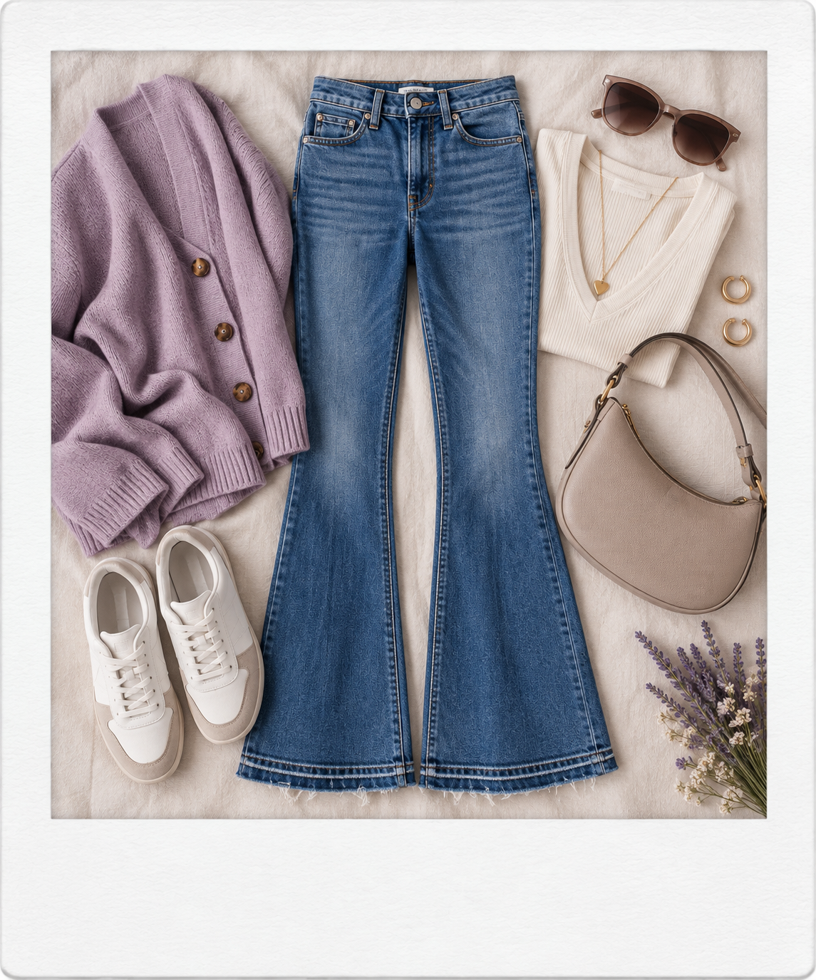 Levi’s 726 flare jeans styled in a Soft Summer flat lay.