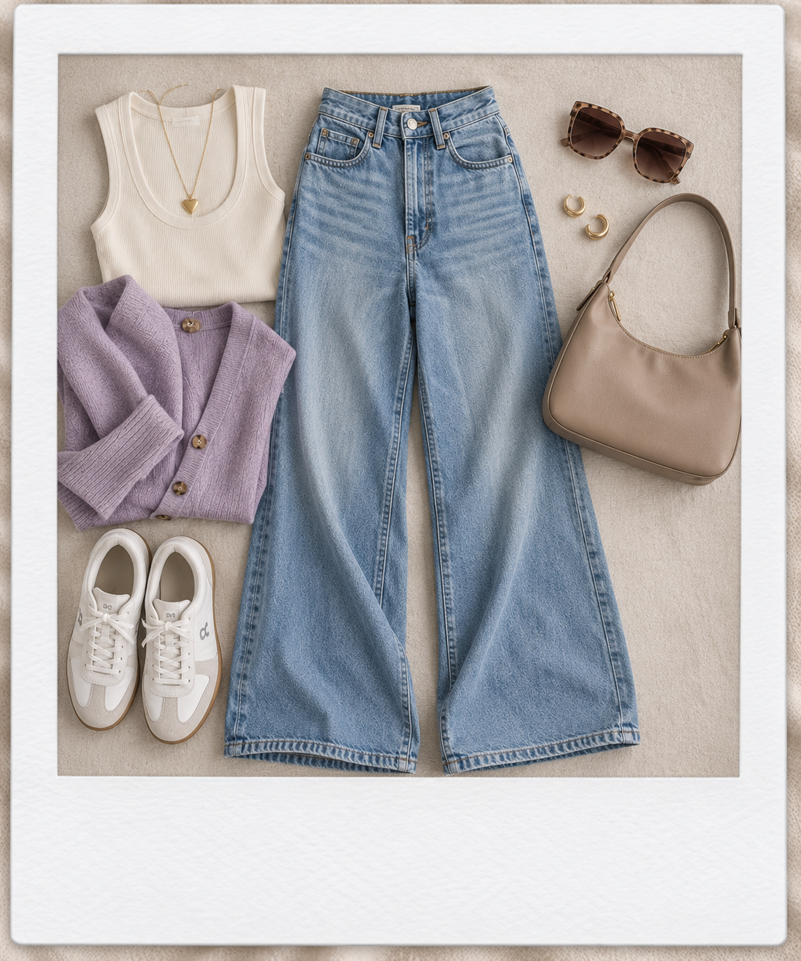 Levi’s Cinch Wide-Leg jeans styled in a Soft Summer flat lay.