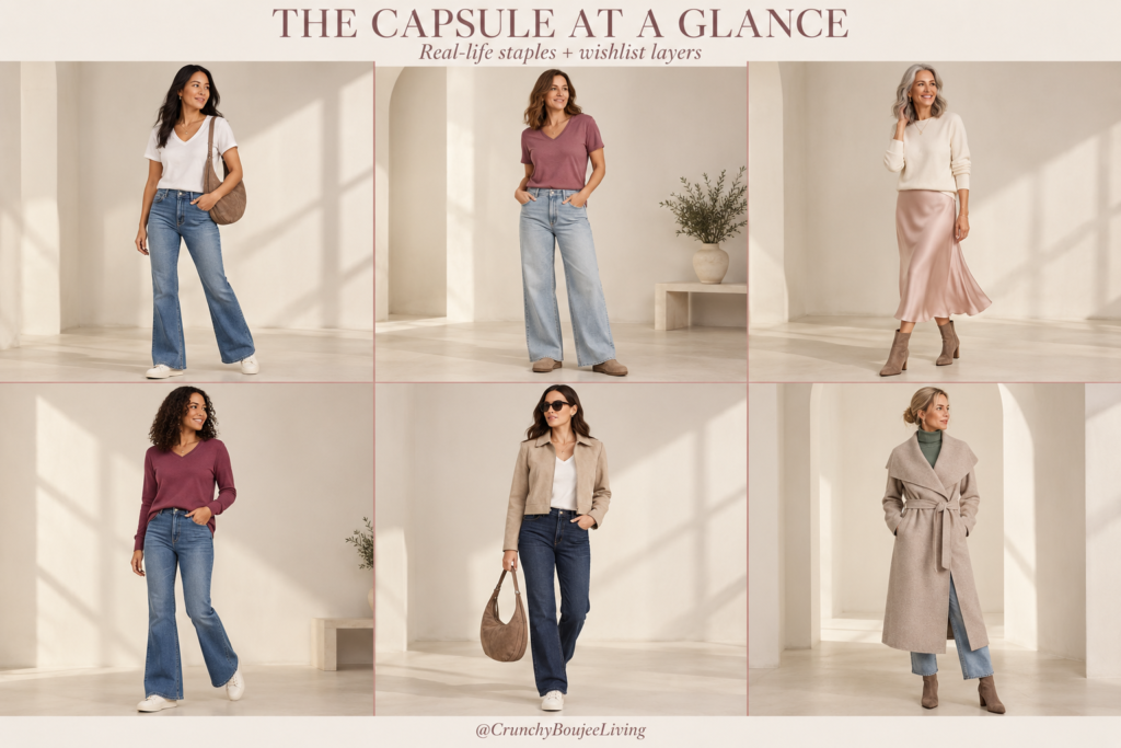 Six fall capsule wardrobe outfits featuring muted sweaters, denim, a satin skirt, neutral jackets and comfortable shoes