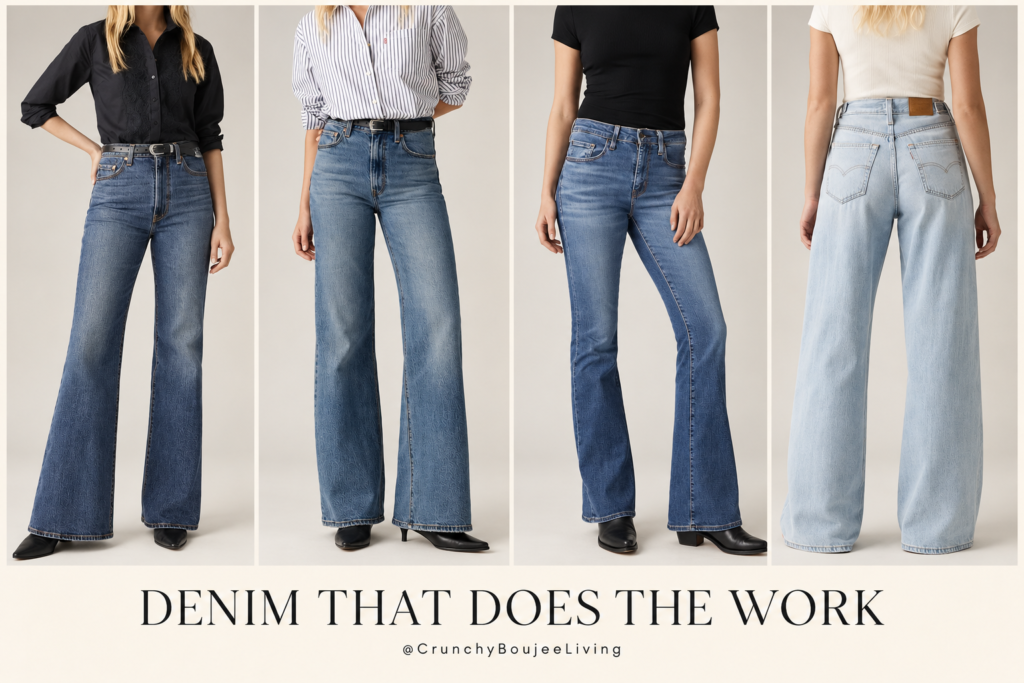 Four women wearing flare, straight and wide-leg jeans for a fall capsule wardrobe