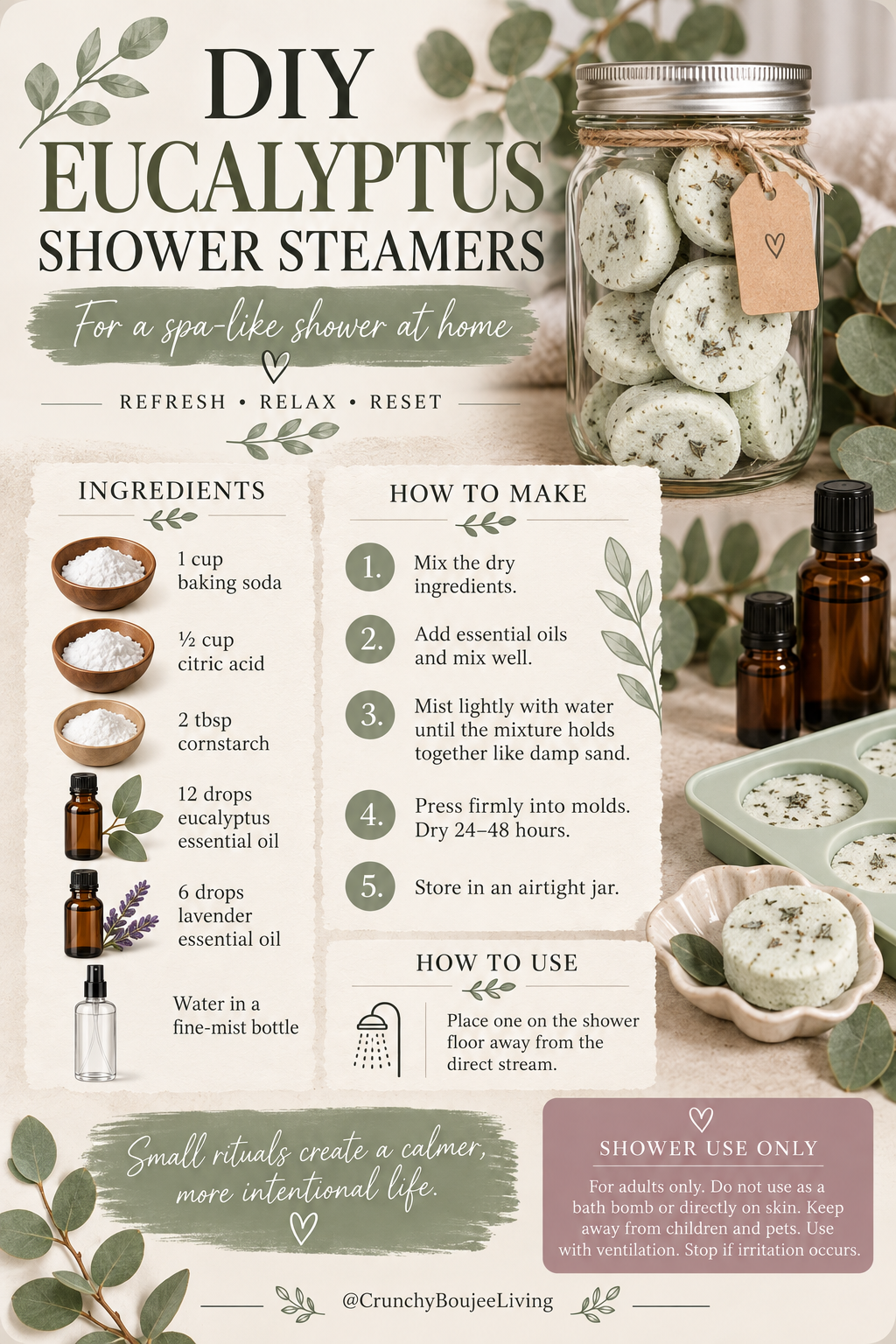 DIY eucalyptus shower steamers recipe with ingredients, directions and safety notes