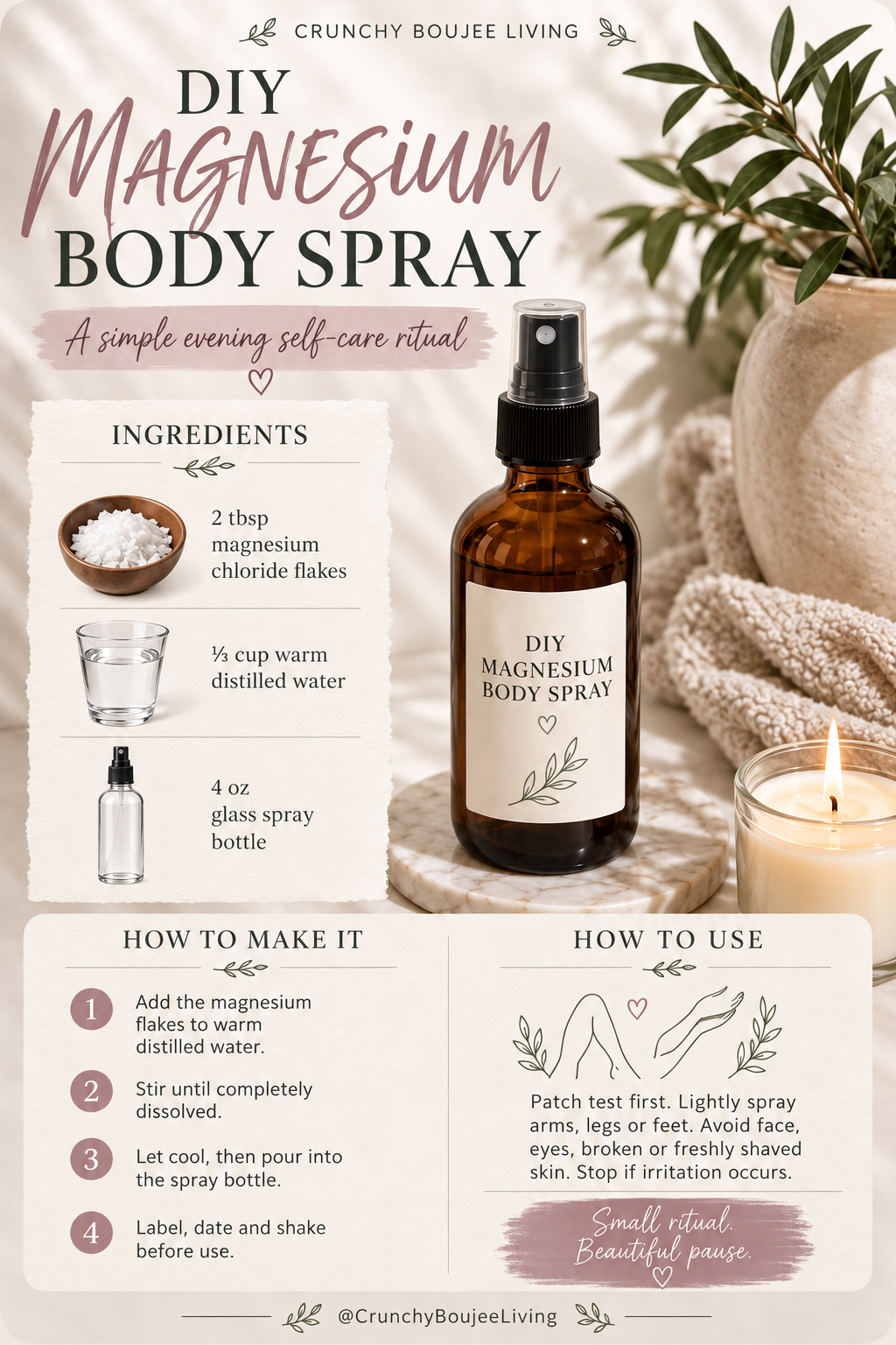 Simple DIY magnesium body spray recipe for a four-ounce glass bottle