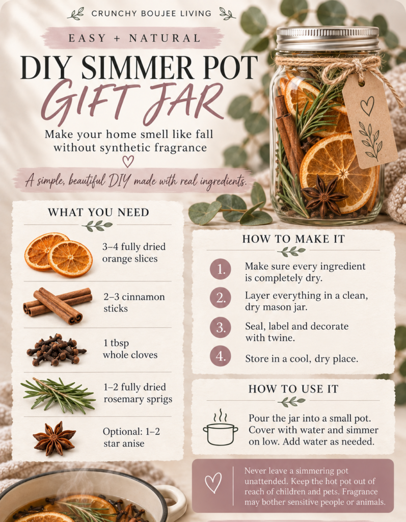 DIY fall simmer-pot gift jar recipe with fully dried orange, cinnamon, cloves and rosemary