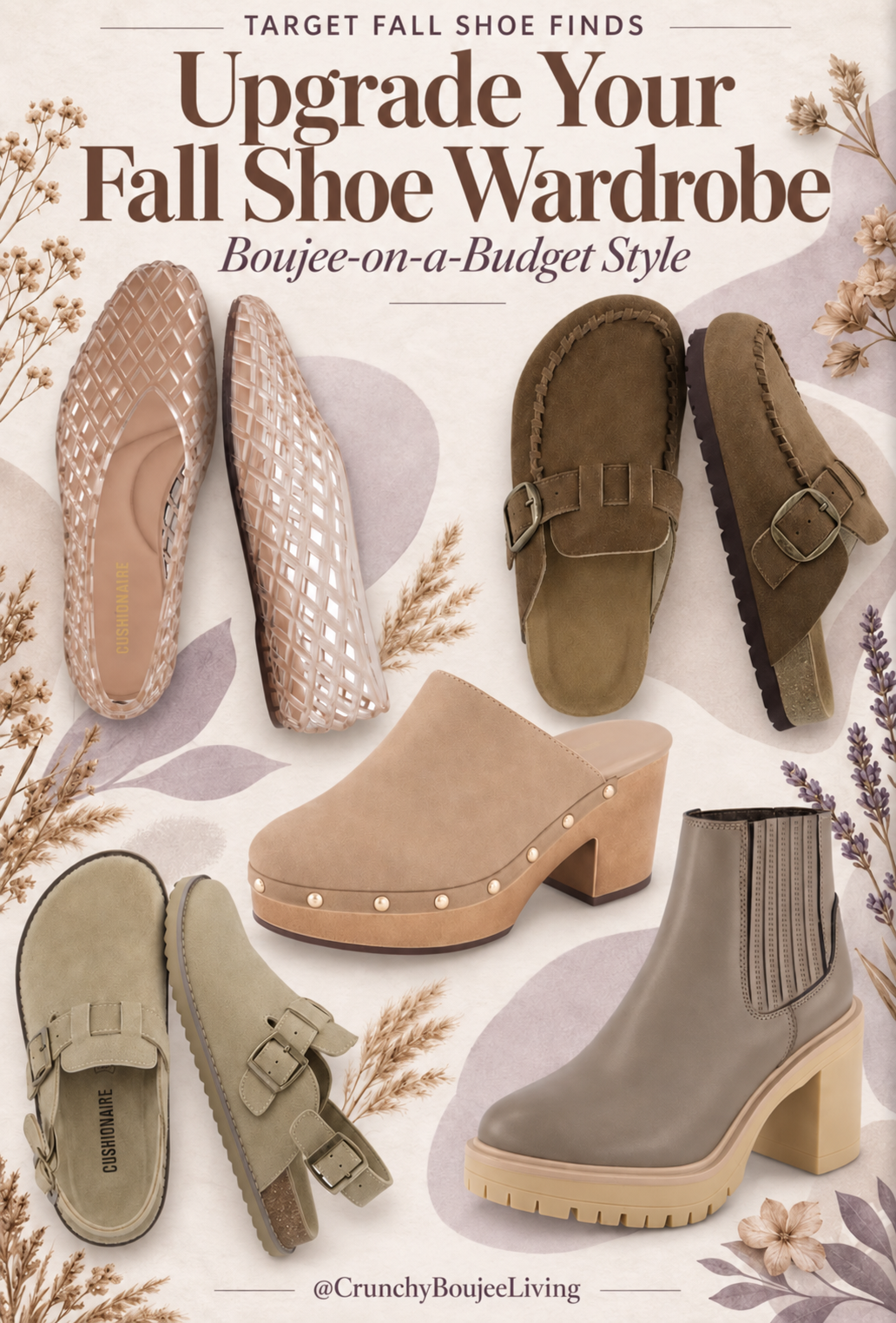 Shop Sara’s Target fall shoe collection: lattice flats, buckle clogs, sandals, and a taupe ankle boot.