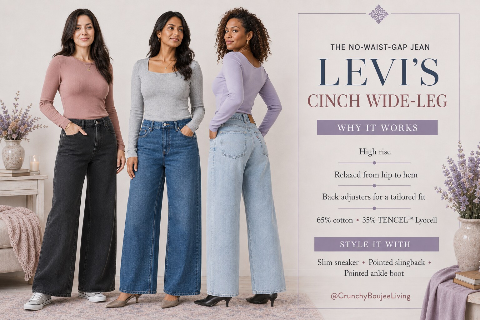 Levi’s Cinch Wide-Leg style guide featuring three original AI models in washed-black, medium-blue and pale-blue wide-leg jeans with slim sneakers, pointed slingbacks and pointed ankle boots.