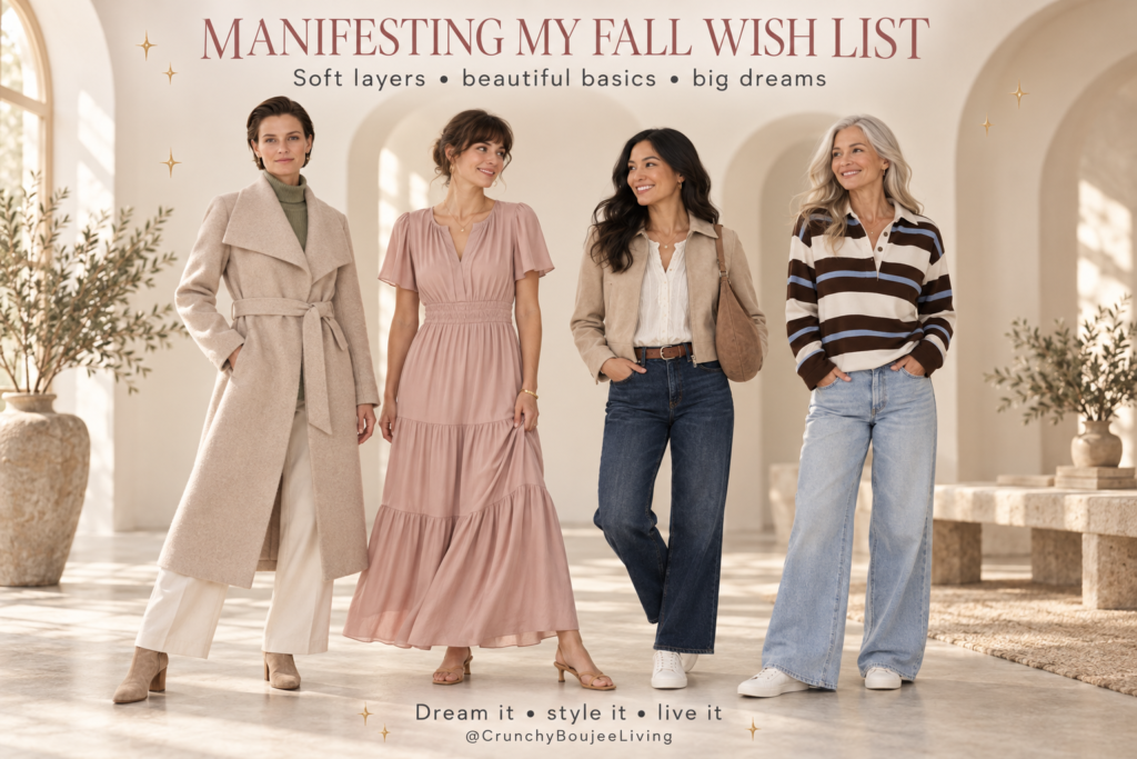 Quince fall wishlist outfits featuring an oat wrap coat, dusty-rose dress, cropped suede jacket, white sneakers and denim