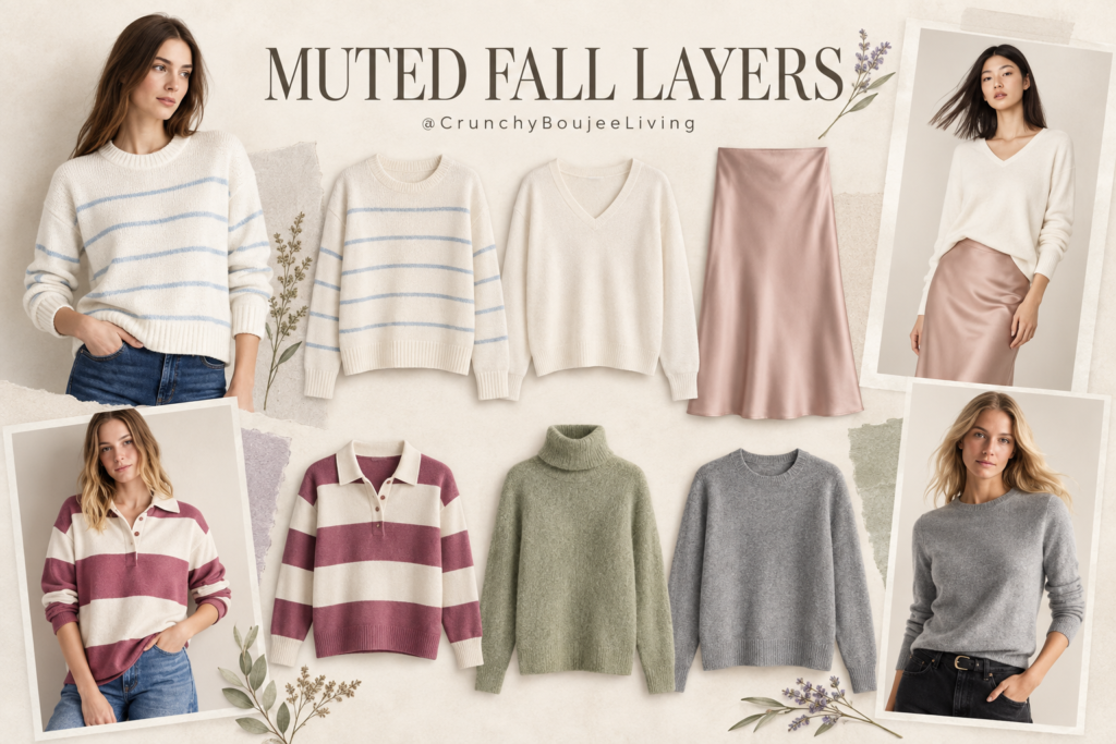 Muted fall sweaters in soft grey, sage, ivory, dusty rose and light blue