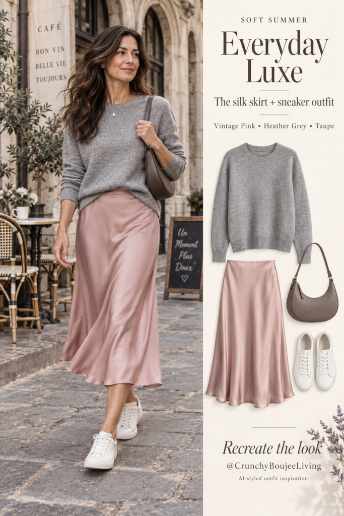 Shop the outfit: grey sweater, Vintage Pink silk skirt, white sneakers, and taupe bag.