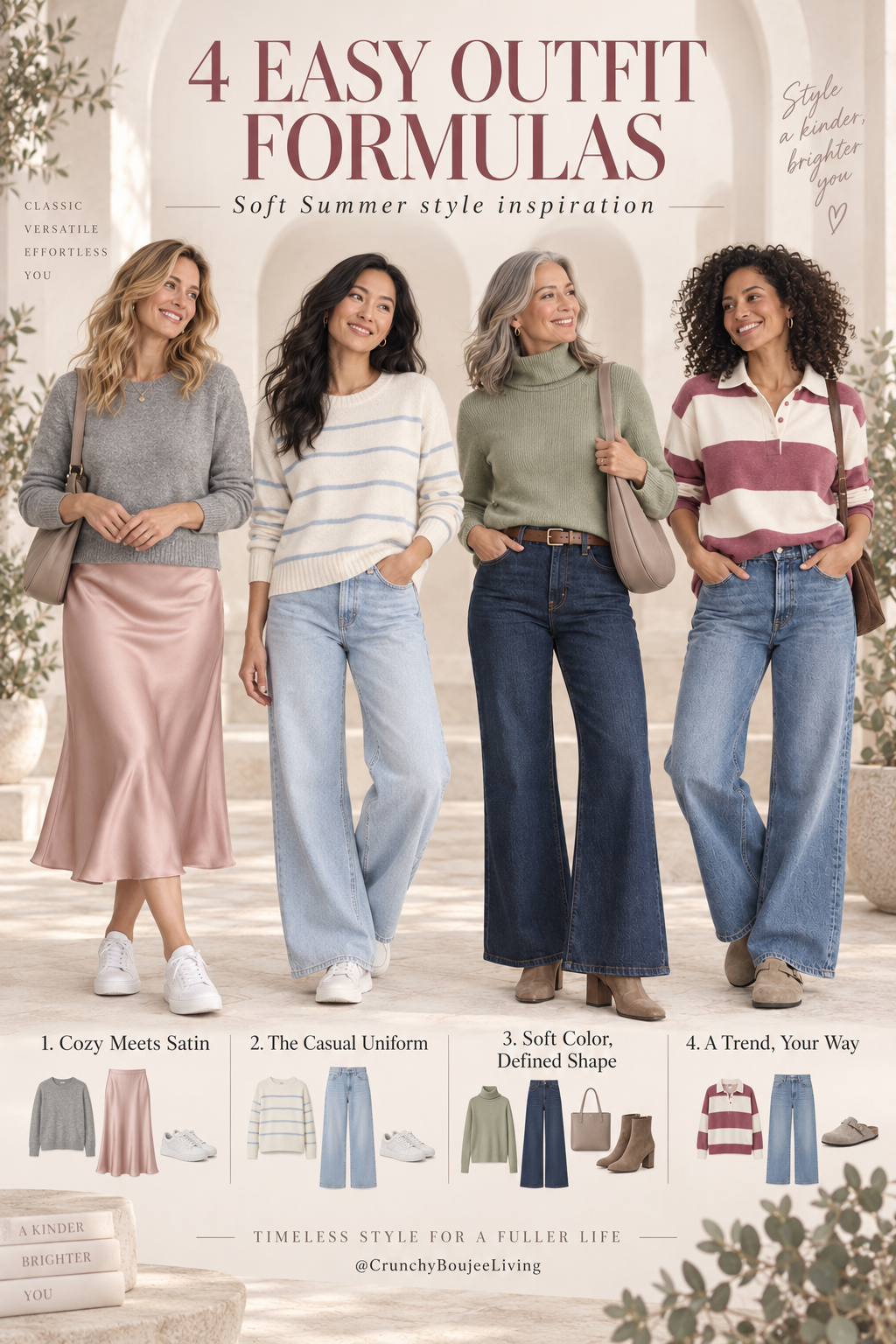Four Quince outfit formulas featuring sweaters with denim or a silk skirt.