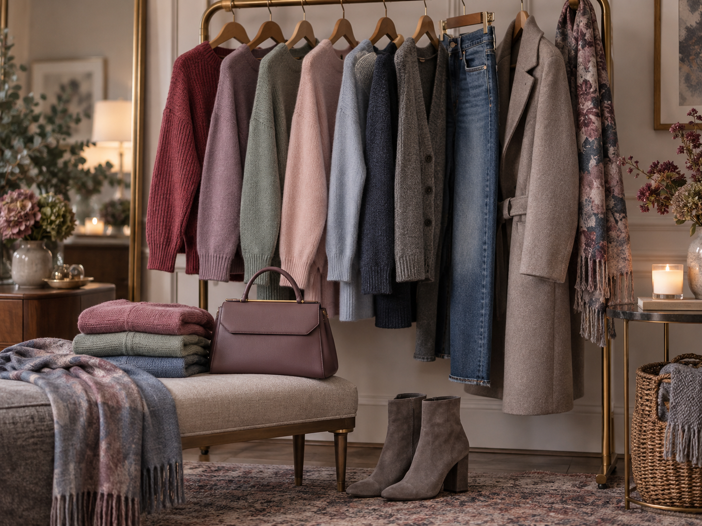 Soft Summer fall wardrobe in muted berry, dusty blue, sage, charcoal, mushroom and denim