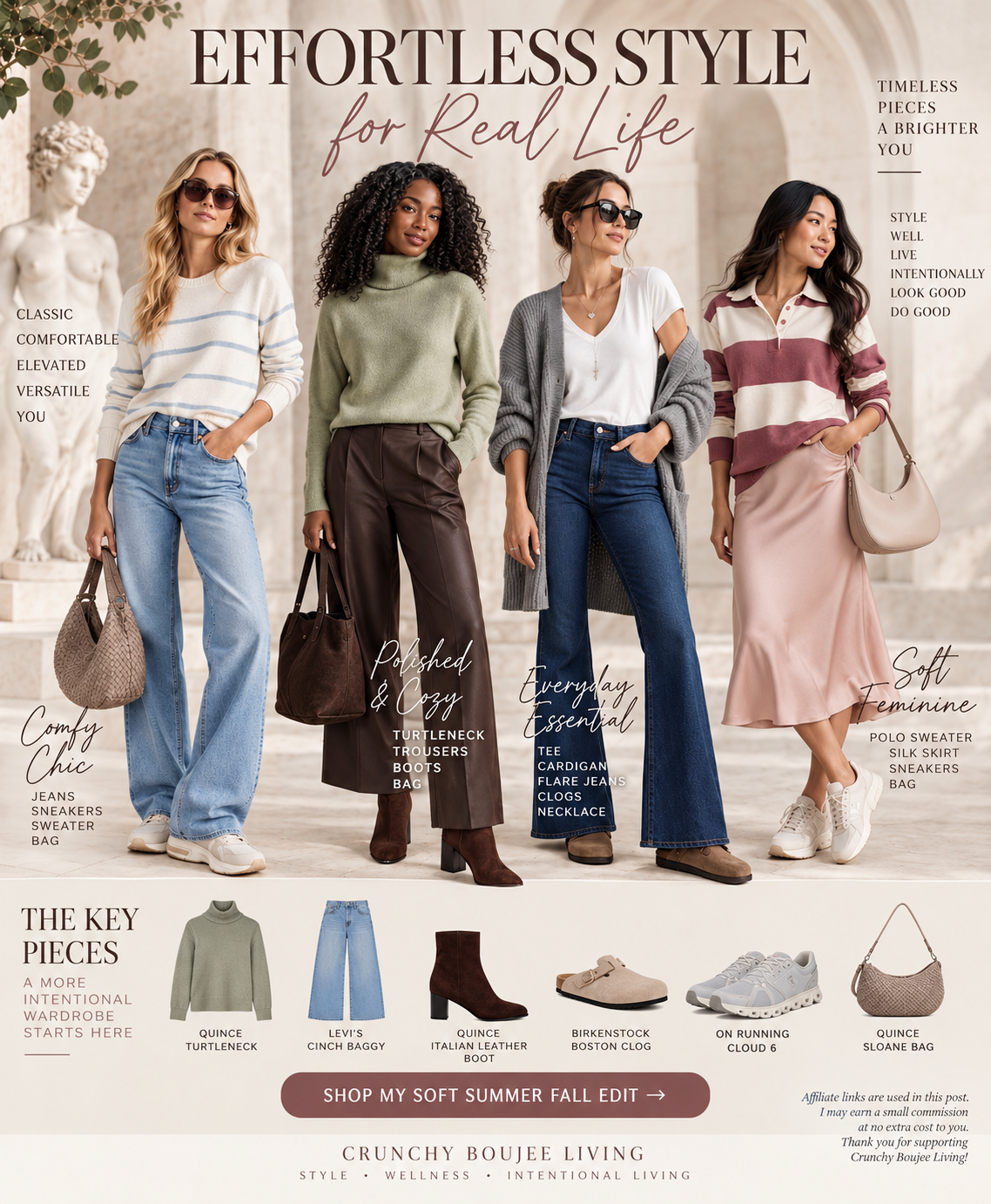 Effortless Soft Summer fall style editorial with four outfits and curated key pieces in muted seasonal colors